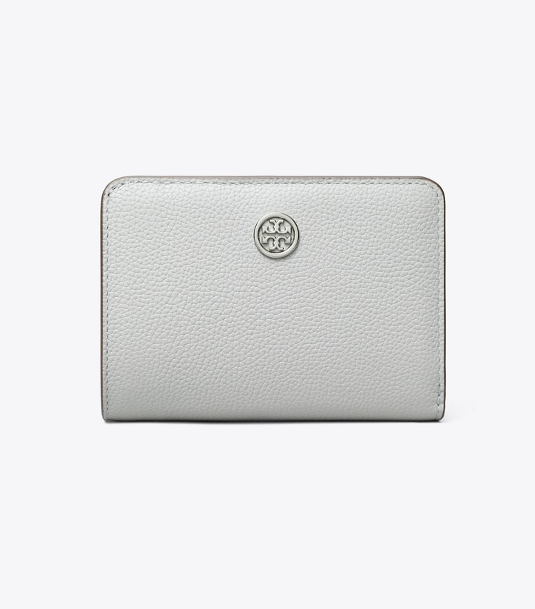 Tory Burch designer wallets Robinson Pebbled Bi-Fold Wallet in Light Granite front