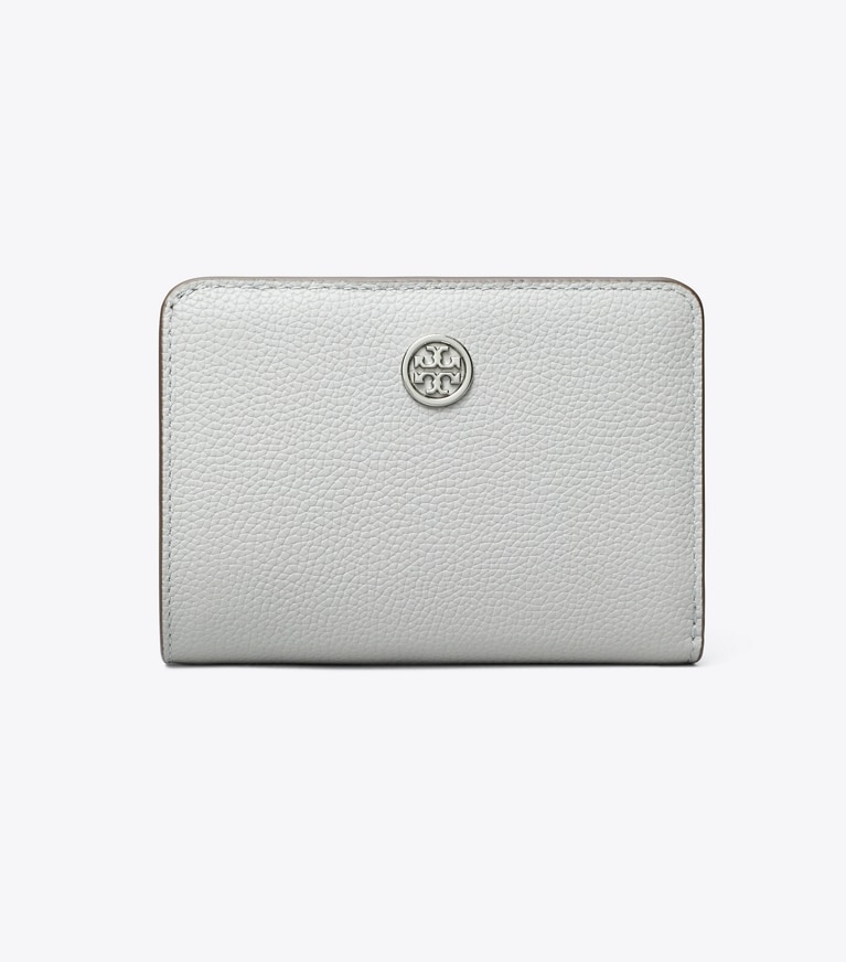 Tory Burch designer wallets Robinson Pebbled Bi-Fold Wallet in Light Granite angle