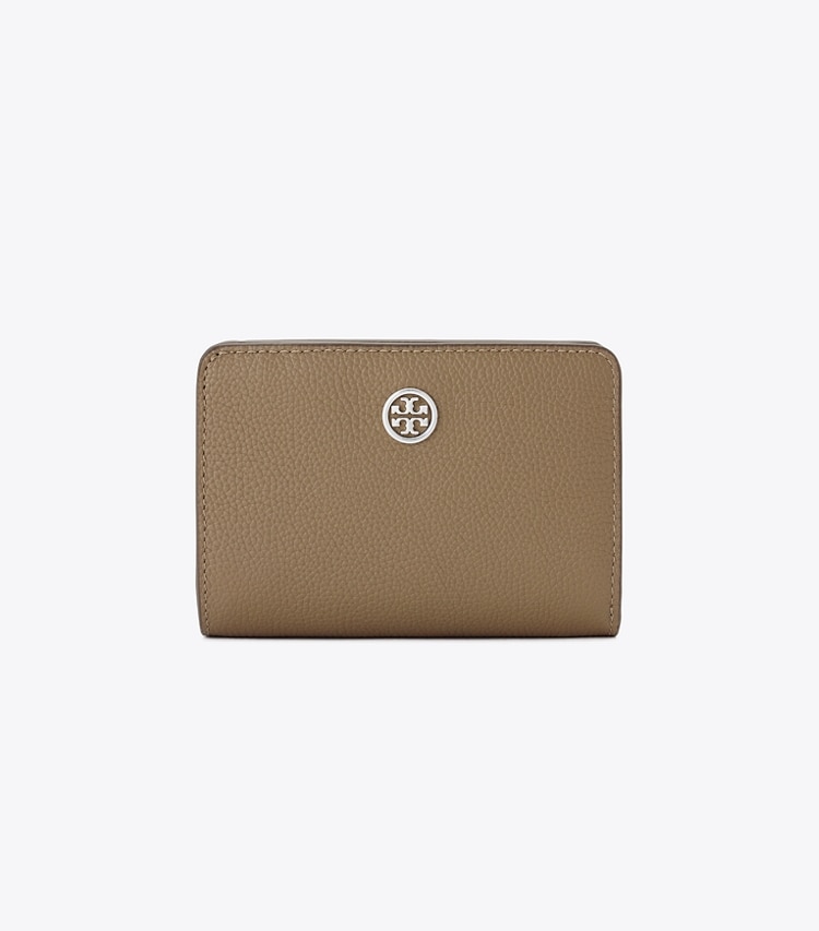 Tory Burch designer 財布 ロビンソン ペブルド バイフォールド ウォレット in Wild Mushroom front