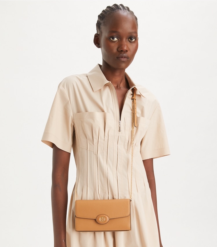 Tory Burch designer mini bags Robinson Pebbled Crossbody in Tiramisu accessory on model