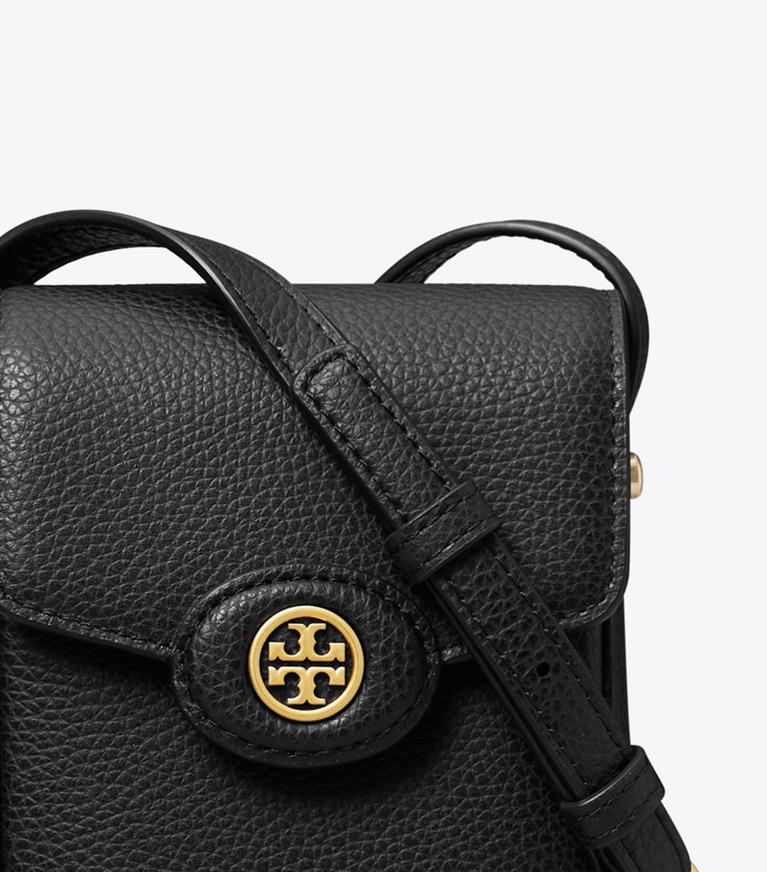Tory Burch designer mini bags Robinson Pebbled Phone Crossbody in Black angle