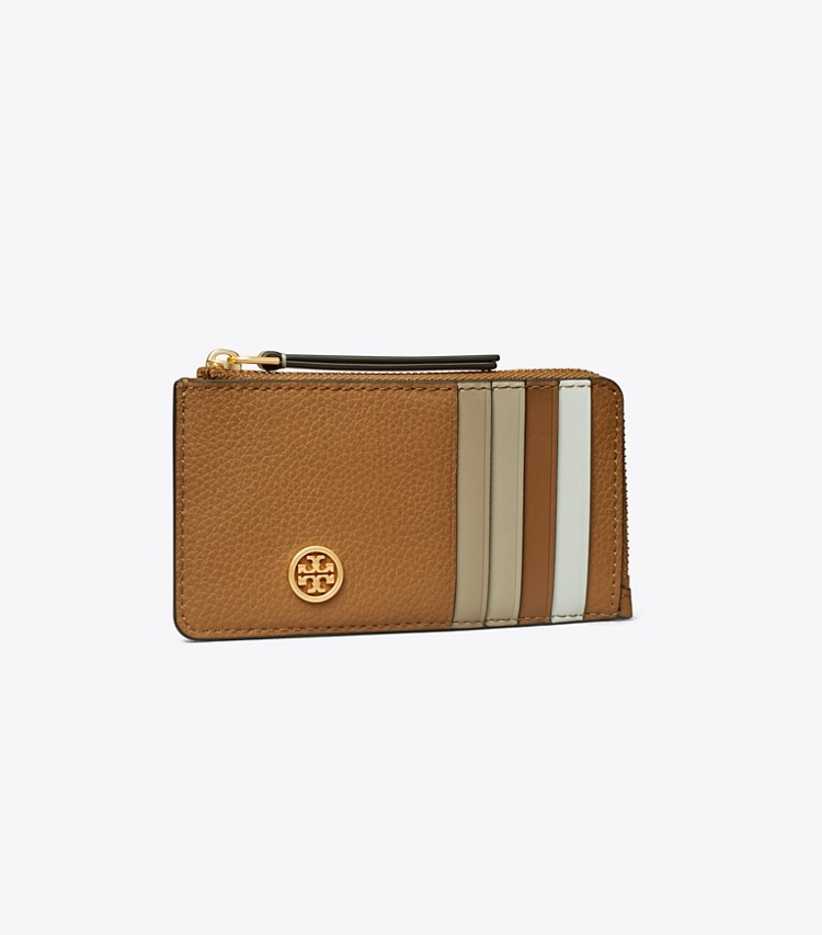 Tory Burch designer card cases Robinson Pebbled Top-Zip Card Case in Tiger's Eye angle