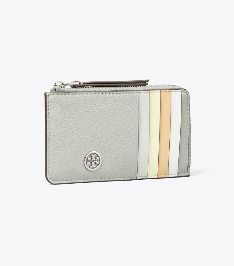 Tory Burch designer カードケース ロビンソン ペブルド トップジップ カードケース in Light Granite angle