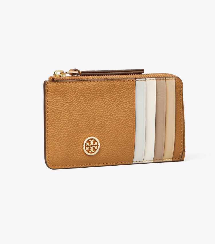 Tory Burch designer card cases Robinson Pebbled Top-Zip Card Case in Tiramisu angle