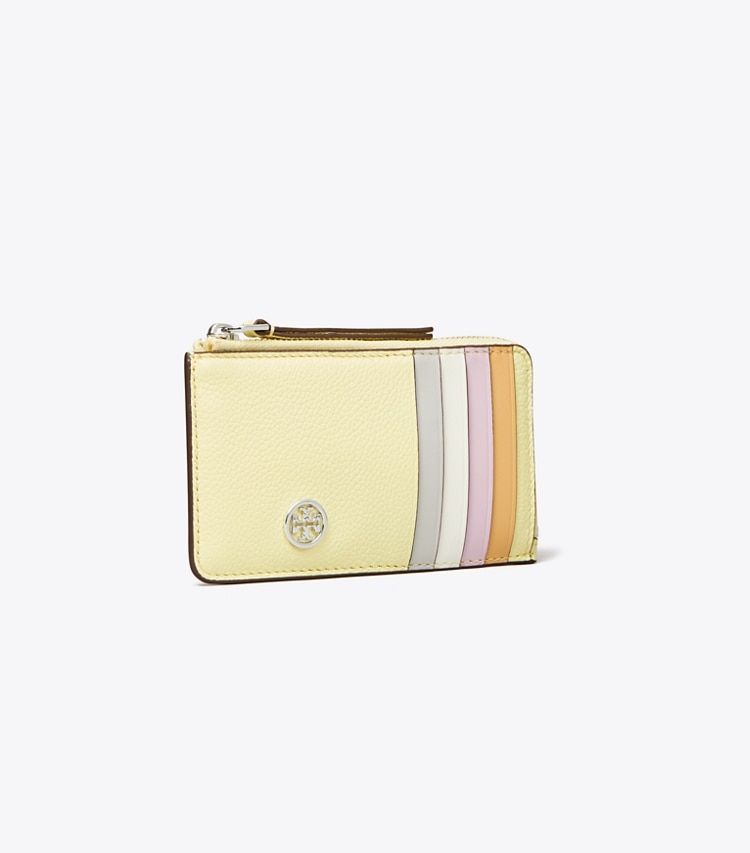 Tory Burch designer kartenetuis Robinson Pebbled Top-Zip Card Case in Lemon angle