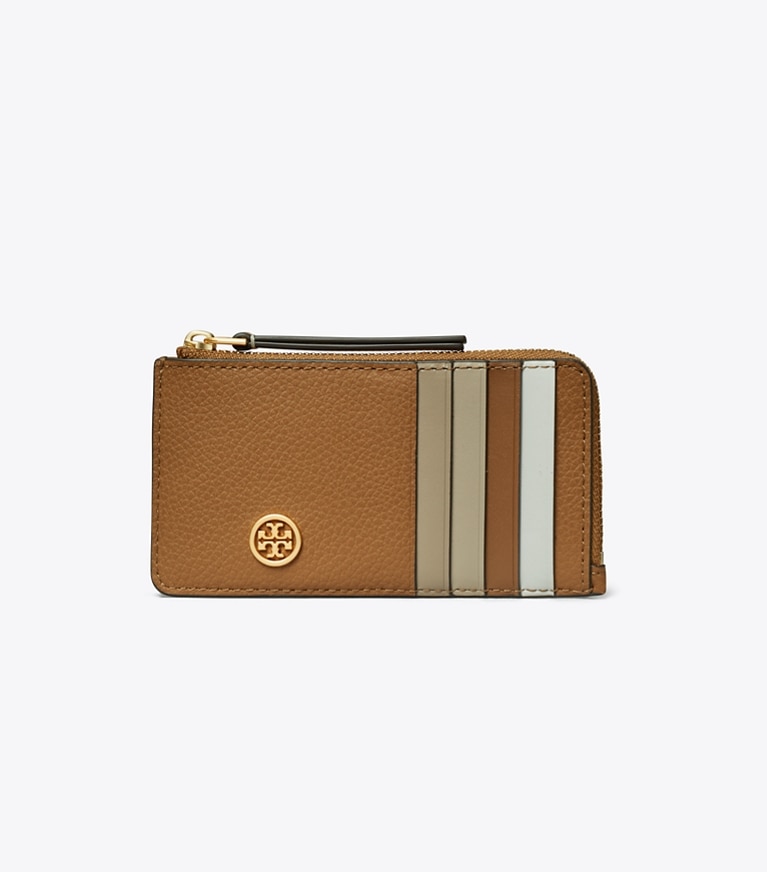 Tory Burch designer card cases Robinson Pebbled Top-Zip Card Case in Tiger's Eye angle