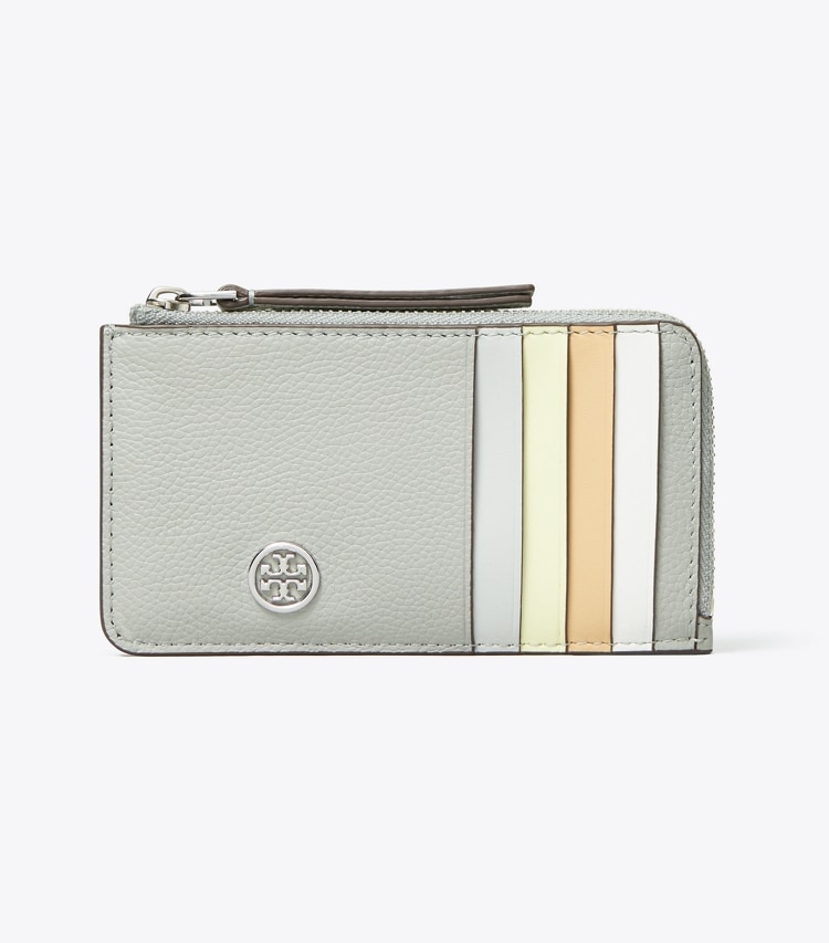 Tory Burch designer カードケース ロビンソン ペブルド トップジップ カードケース in Light Granite front