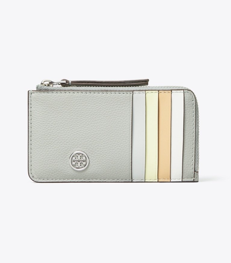 Tory Burch designer カードケース ロビンソン ペブルド トップジップ カードケース in Light Granite angle