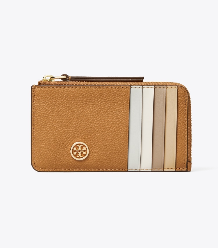 Tory Burch designer card cases Robinson Pebbled Top-Zip Card Case in Tiramisu front