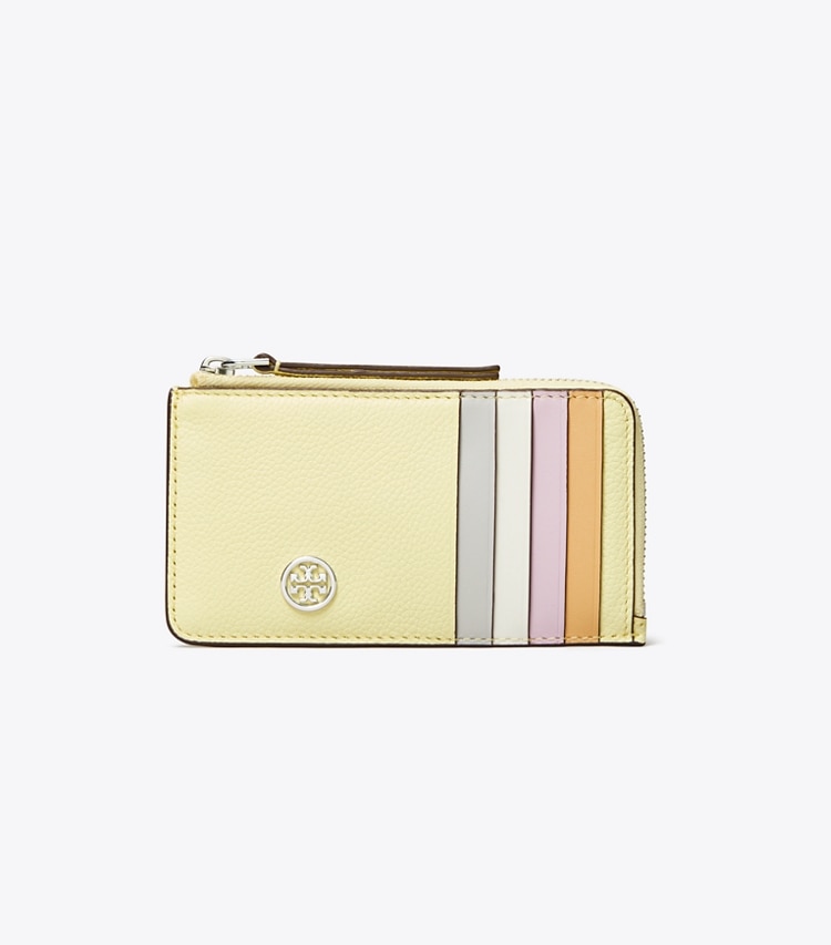 Tory Burch designer kartenetuis Robinson Pebbled Top-Zip Card Case in Lemon front