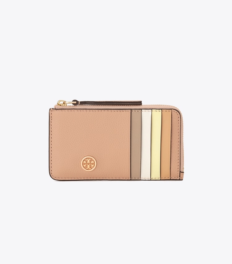 Tory Burch designer カードケース ロビンソン ペブルド トップジップ カードケース in Goan Sand front