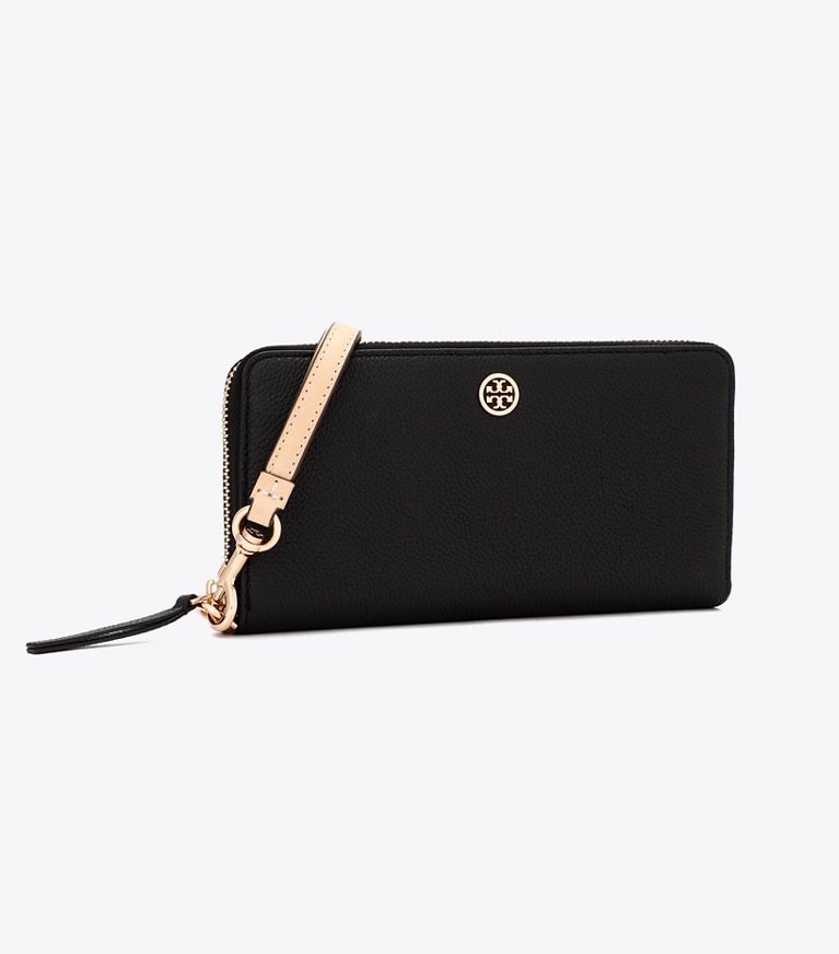 Tory Burch designer 財布 ロビンソン ペブルド ジップ コンチネンタル ウォレット in Black angle