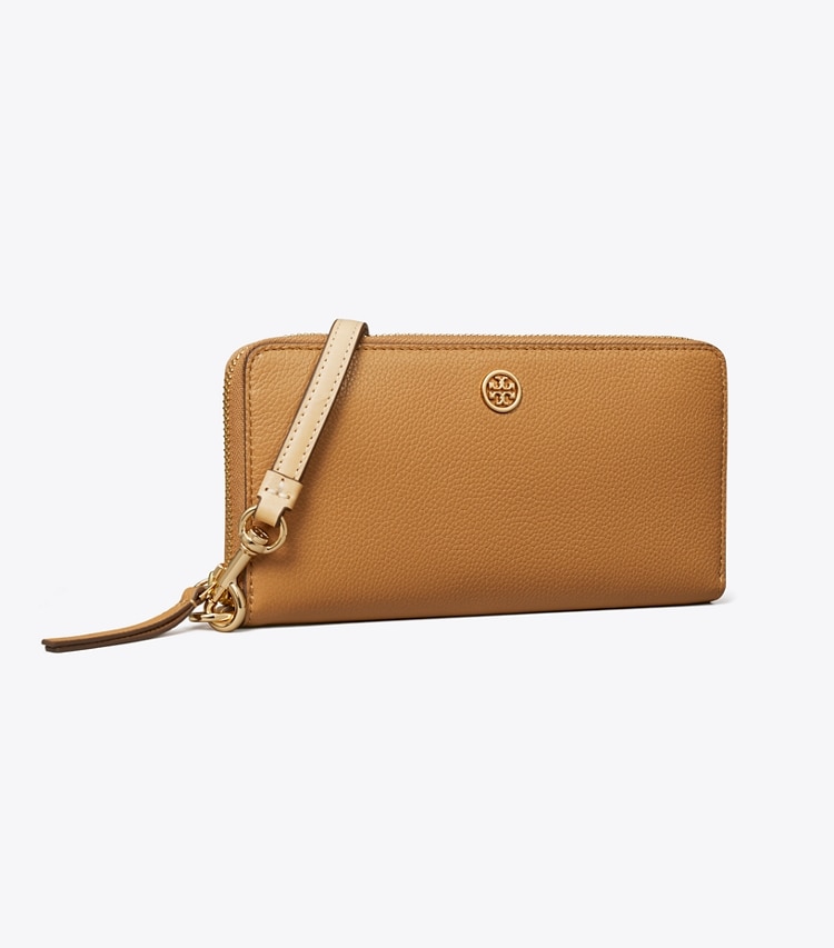 Tory Burch designer wallets Robinson Pebbled Zip Continental Wallet in Tiramisu angle