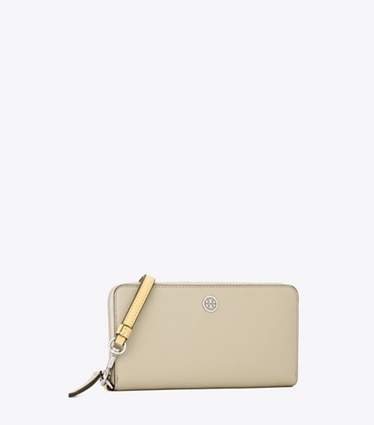 Tory Burch designer 財布 ロビンソン ペブルド ジップ コンチネンタル ウォレット in Light Stone angle