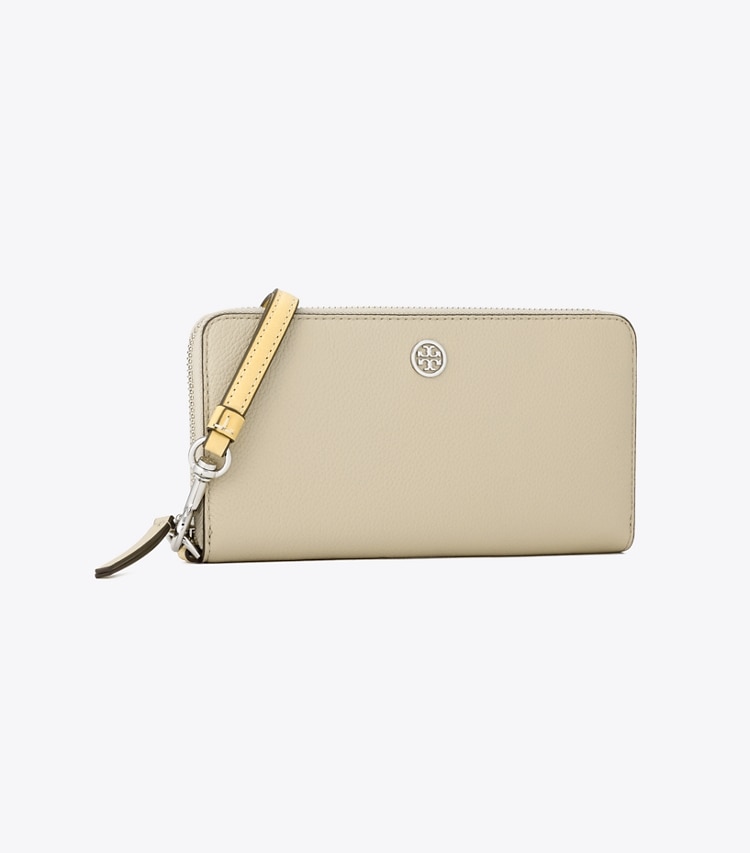 Tory Burch designer 財布 ロビンソン ペブルド ジップ コンチネンタル ウォレット in Light Stone angle