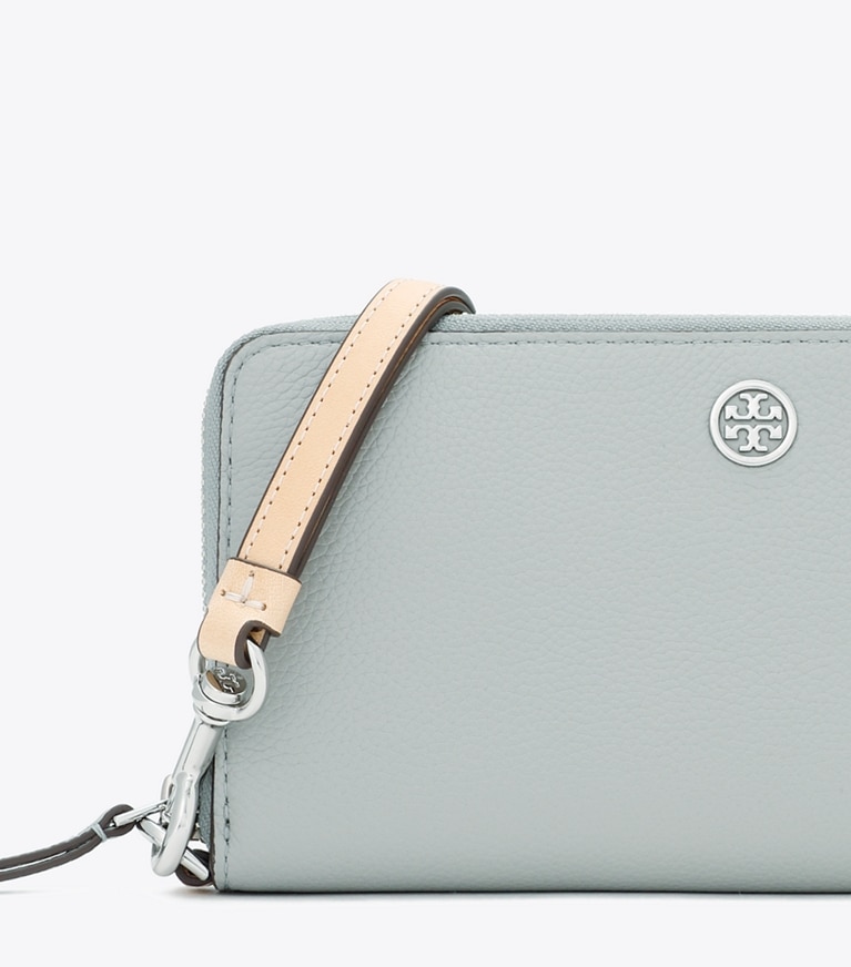Tory Burch designer 財布 ロビンソン ペブルド ジップ コンチネンタル ウォレット in Light Granite angle