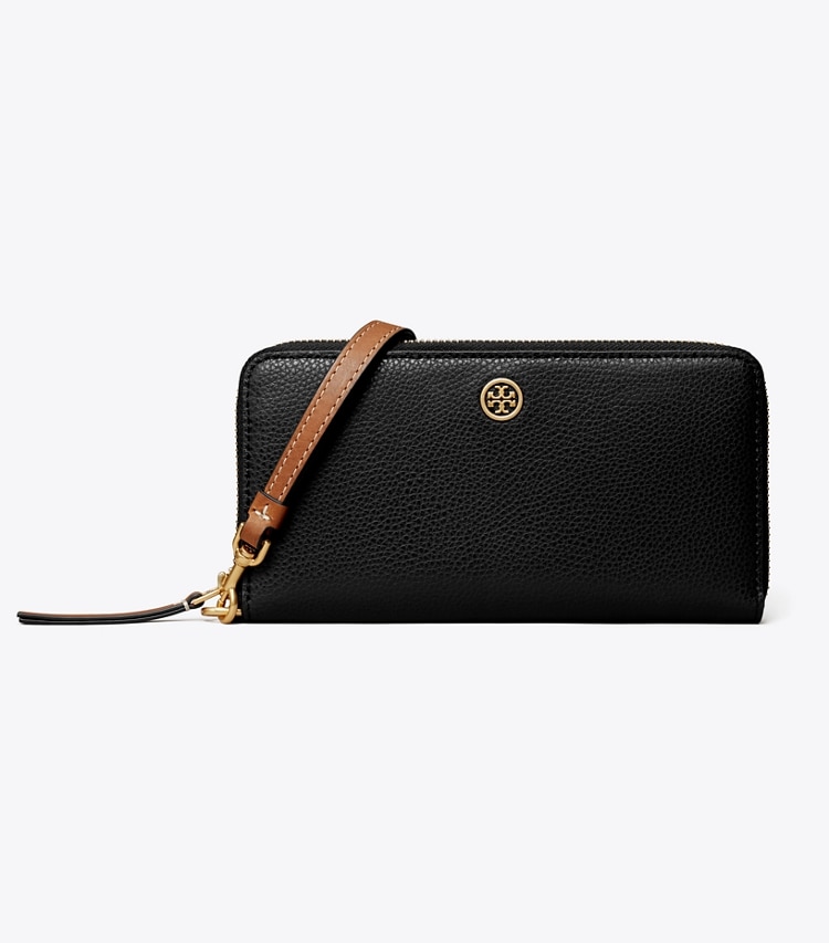 Tory Burch designer wallets Robinson Pebbled Zip Continental Wallet in Black front