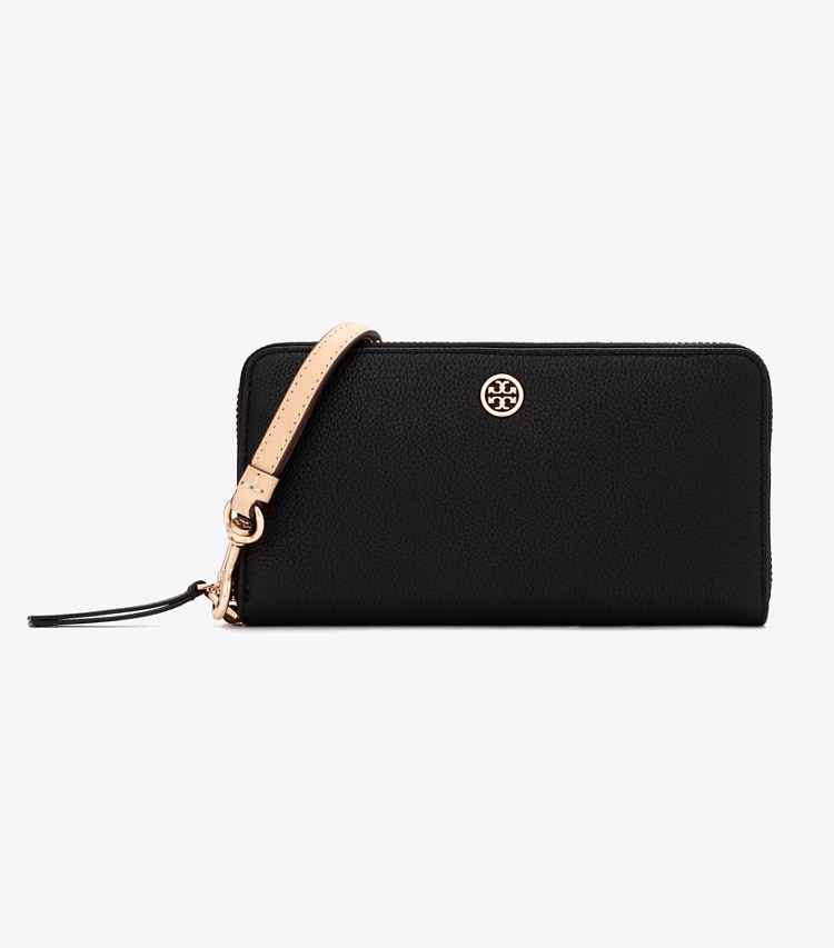 Tory Burch designer 財布 ロビンソン ペブルド ジップ コンチネンタル ウォレット in Black front