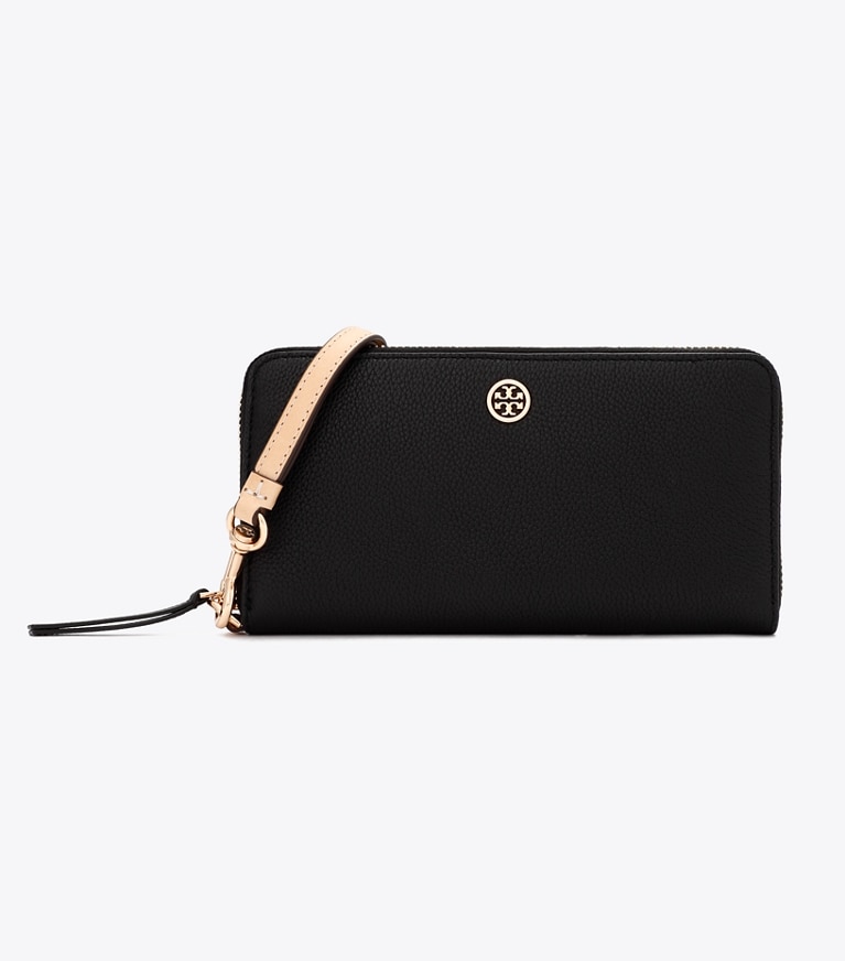 Tory Burch designer 財布 ロビンソン ペブルド ジップ コンチネンタル ウォレット in Black angle