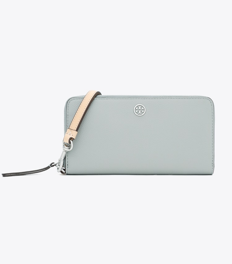 Tory Burch designer 財布 ロビンソン ペブルド ジップ コンチネンタル ウォレット in Light Granite front