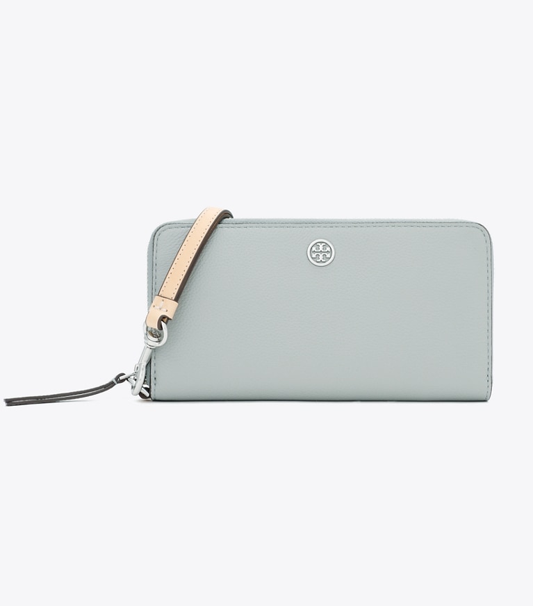 Tory Burch designer 財布 ロビンソン ペブルド ジップ コンチネンタル ウォレット in Light Granite angle