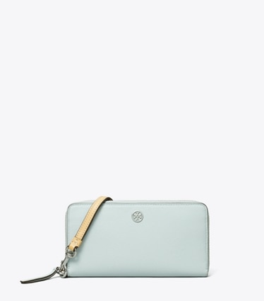 Tory Burch designer wallets Robinson Pebbled Zip Continental Wallet in Sea front