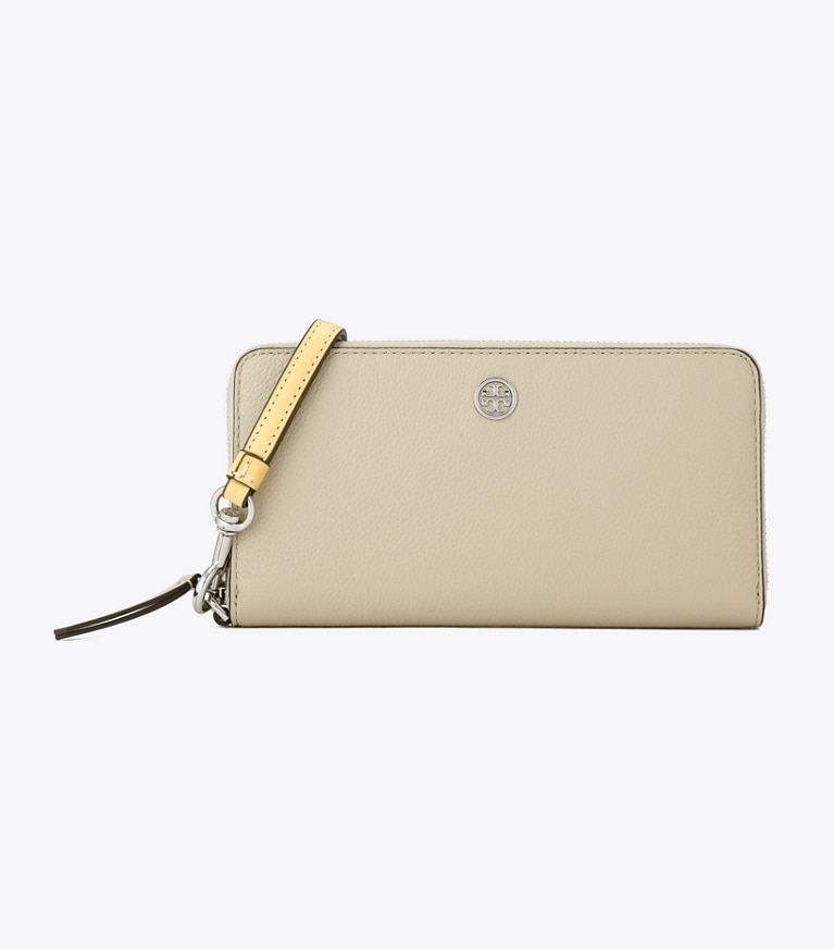 Tory Burch designer 財布 ロビンソン ペブルド ジップ コンチネンタル ウォレット in Light Stone angle