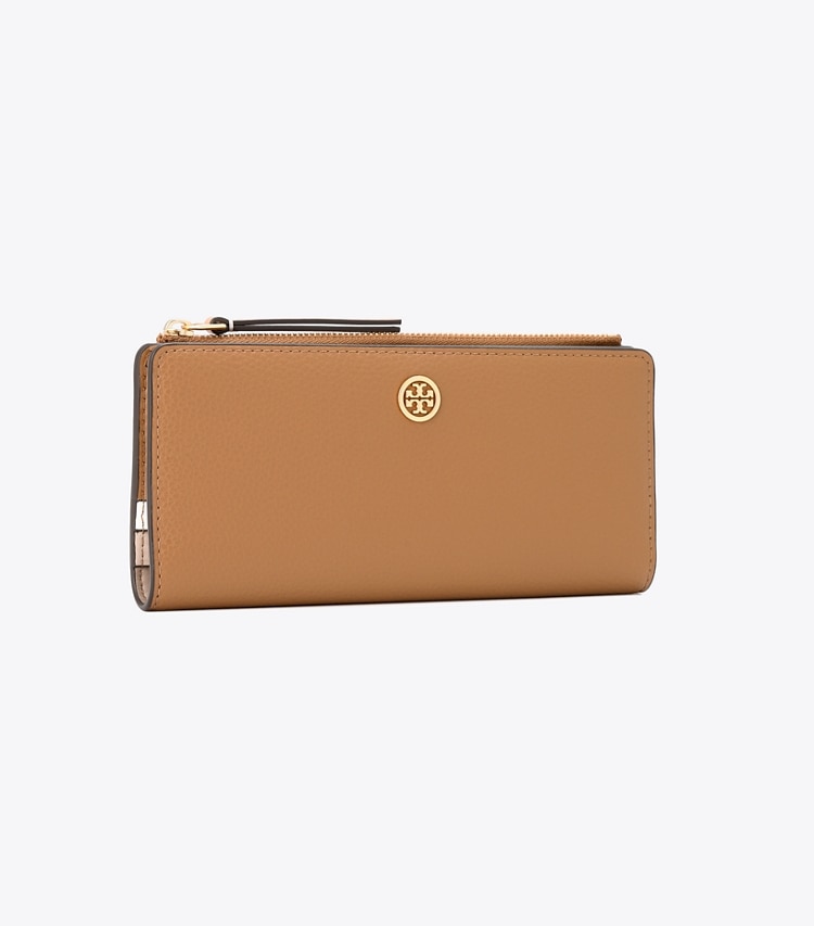 Tory Burch designer wallets Robinson Pebbled Zip Slim Wallet in Tiger's Eye angle