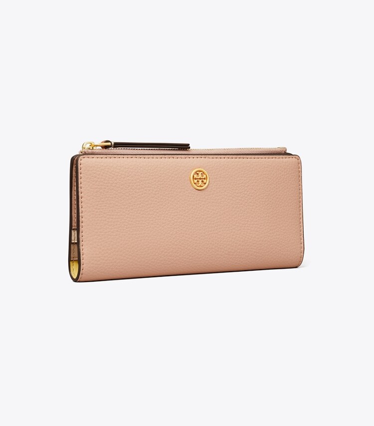 Tory Burch designer portefeuilles Robinson Pebbled Zip Slim Wallet in Goan Sand angle