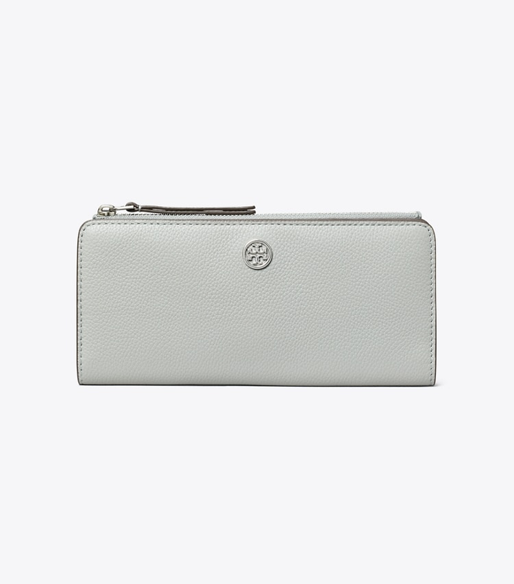 Tory Burch designer wallets Robinson Pebbled Zip Slim Wallet in Light Granite front
