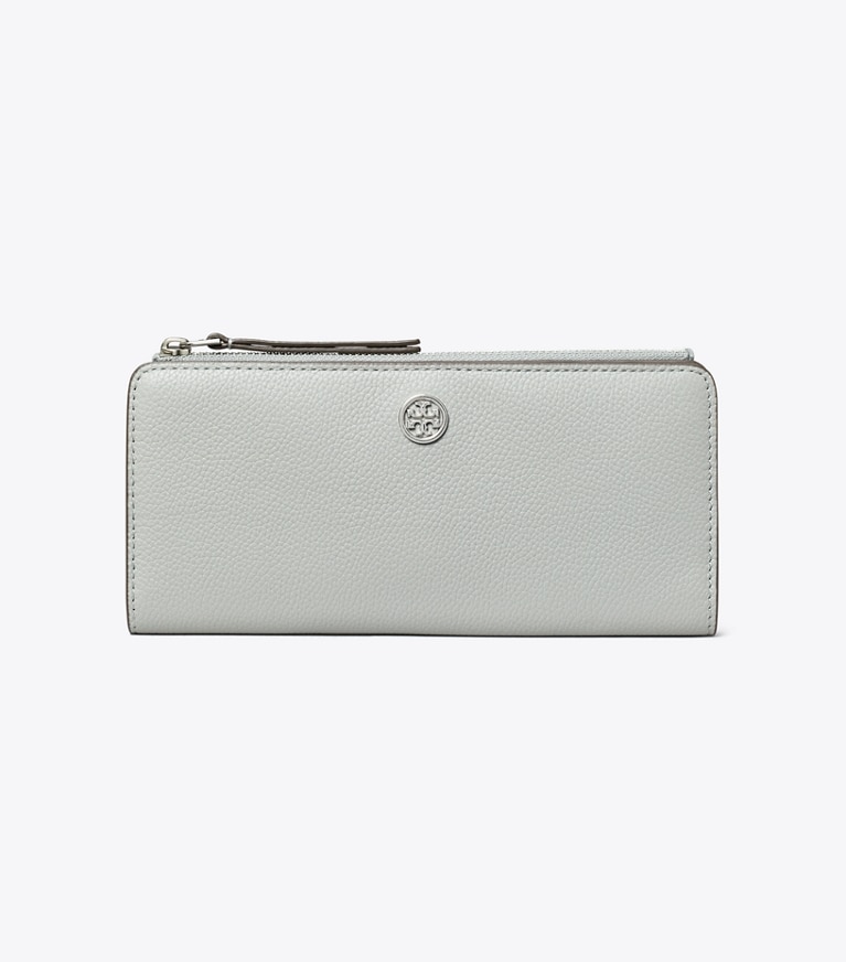 Tory Burch designer wallets Robinson Pebbled Zip Slim Wallet in Light Granite angle