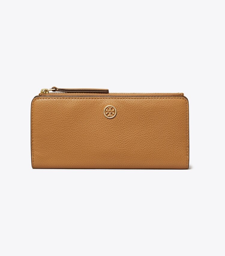 Tory Burch designer 財布 ロビンソン ペブルド ジップ スリム ウォレット in Tiramisu front