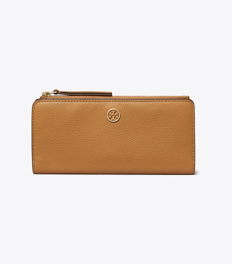 Tory Burch designer 財布 ロビンソン ペブルド ジップ スリム ウォレット in Tiramisu angle