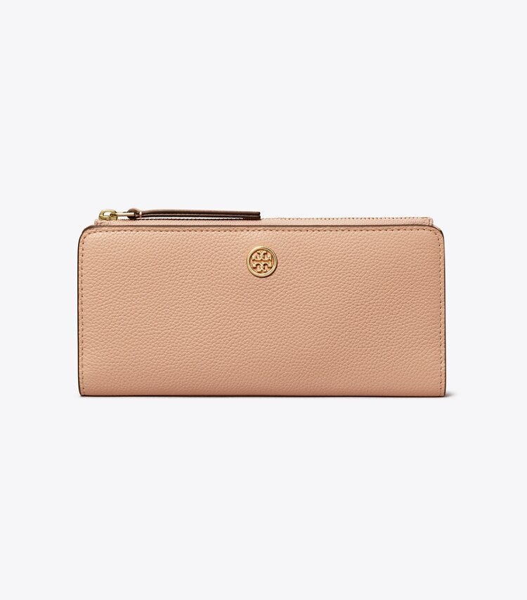 Tory Burch designer wallets Robinson Pebbled Zip Slim Wallet in Goan Sand front