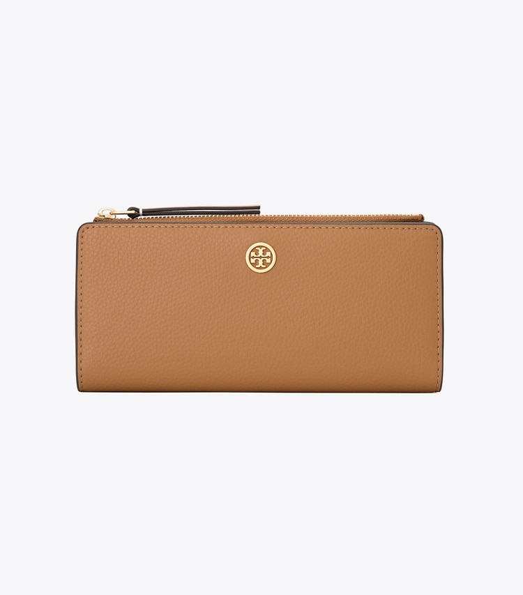 Tory Burch designer wallets Robinson Pebbled Zip Slim Wallet in Tiger's Eye front