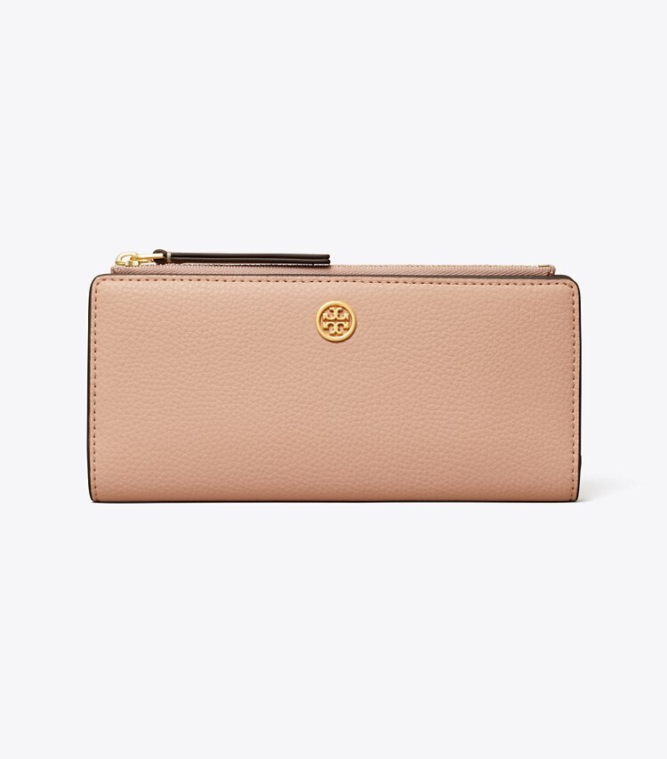 Tory Burch designer portefeuilles Robinson Pebbled Zip Slim Wallet in Goan Sand front