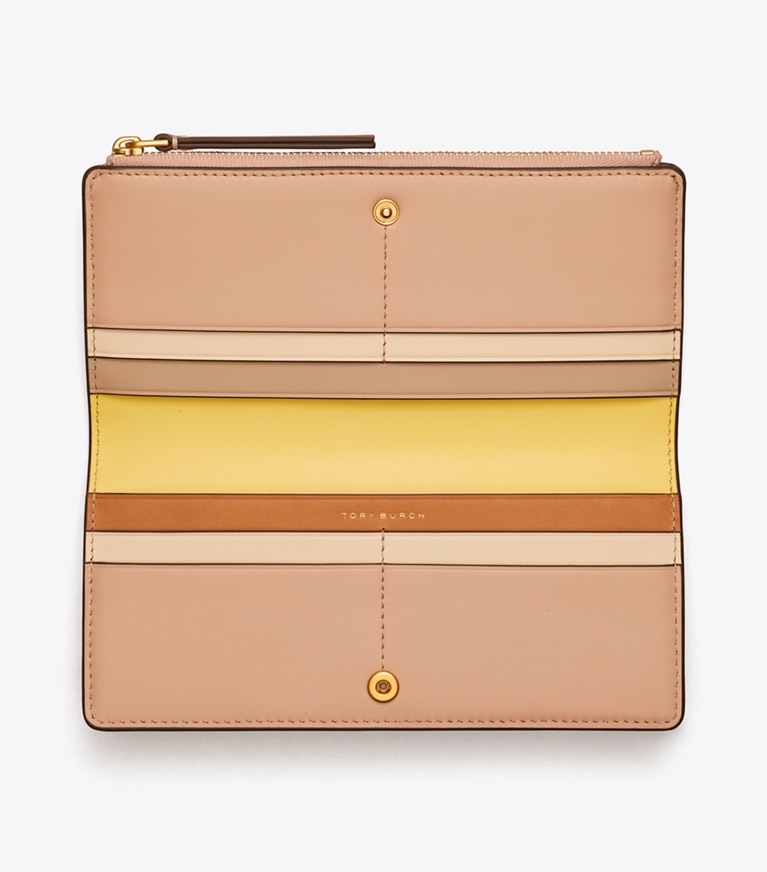 Tory Burch designer portefeuilles Robinson Pebbled Zip Slim Wallet in Goan Sand angle