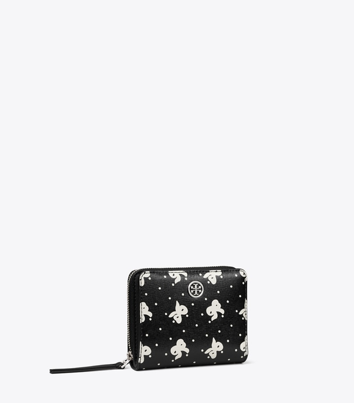 Tory Burch designer wallets Robinson Printed Bi-Fold Wallet in Black Tossed Bow angle