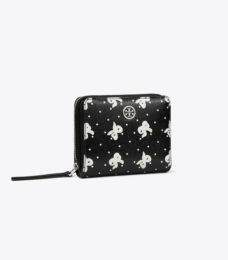 Tory Burch designer wallets Robinson Printed Bi-Fold Wallet in Black Tossed Bow angle