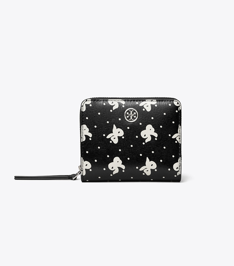 Tory Burch designer wallets Robinson Printed Bi-Fold Wallet in Black Tossed Bow front