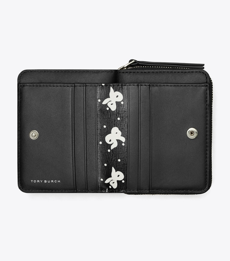 Tory Burch designer wallets Robinson Printed Bi-Fold Wallet in Black Tossed Bow overhead