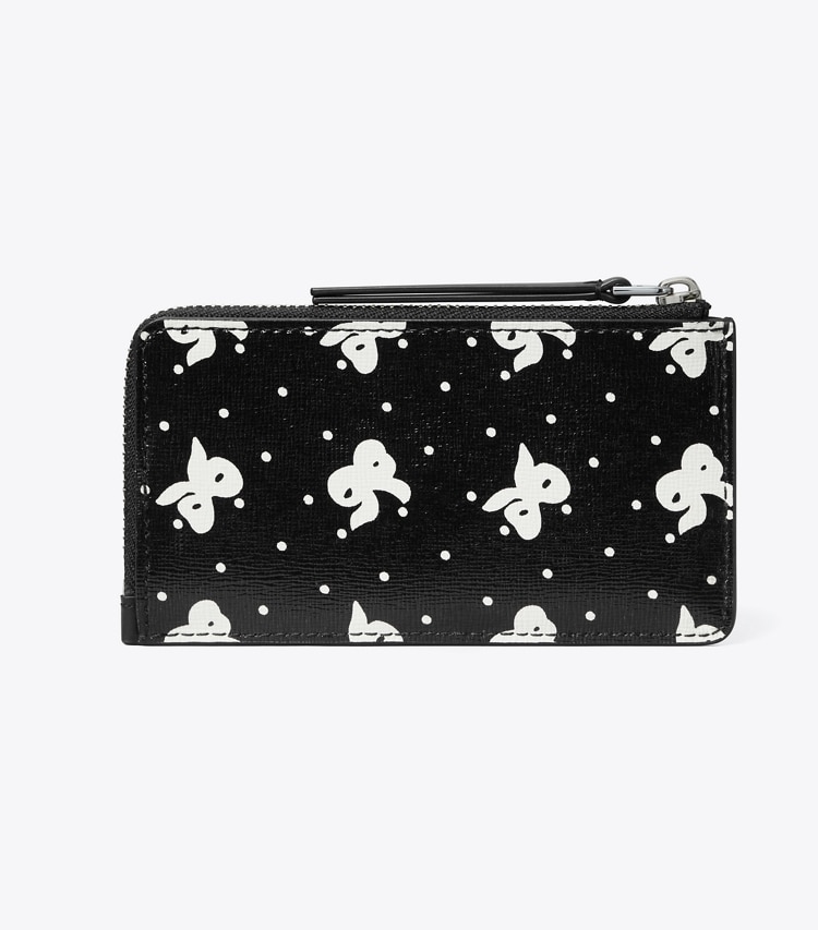 Tory Burch designer card cases Robinson Printed Top-Zip Card Case in Black Tossed Bow back