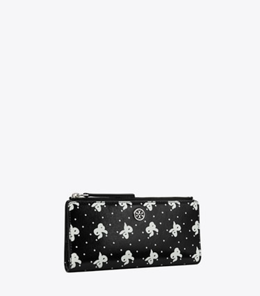 Tory Burch designer wallets Robinson Printed Zip Slim Wallet in Black Tossed Bow angle