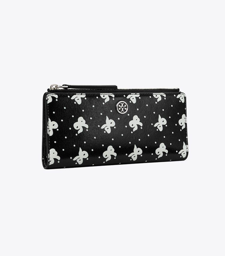 Tory Burch designer wallets Robinson Printed Zip Slim Wallet in Black Tossed Bow angle