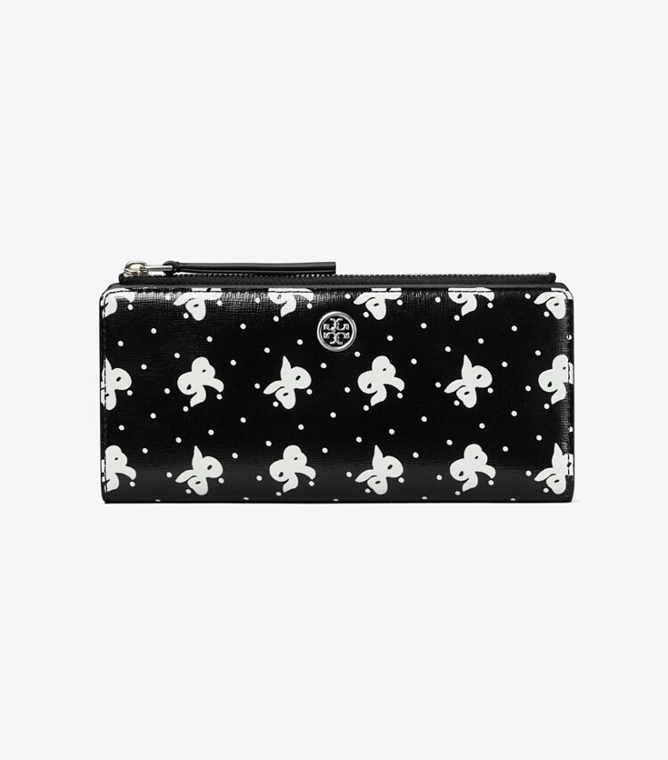 Tory Burch designer wallets Robinson Printed Zip Slim Wallet in Black Tossed Bow front