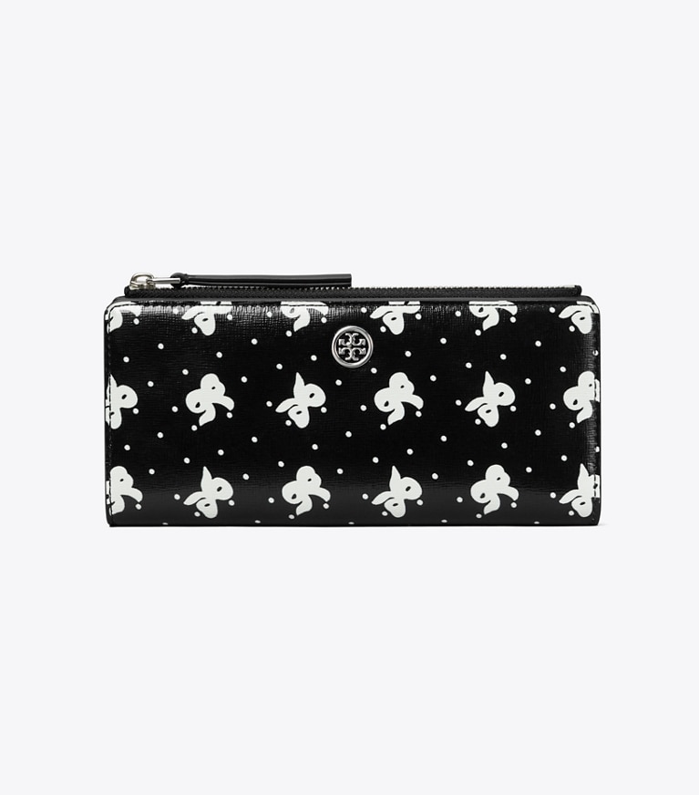 Tory Burch designer wallets Robinson Printed Zip Slim Wallet in Black Tossed Bow angle