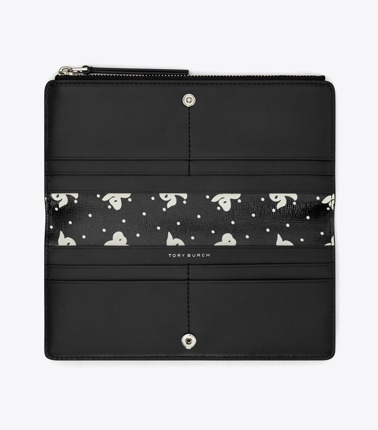 Tory Burch designer wallets Robinson Printed Zip Slim Wallet in Black Tossed Bow overhead