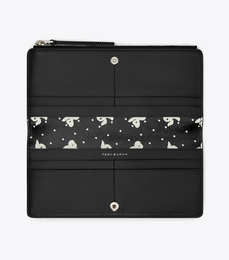 Tory Burch designer wallets Robinson Printed Zip Slim Wallet in Black Tossed Bow angle