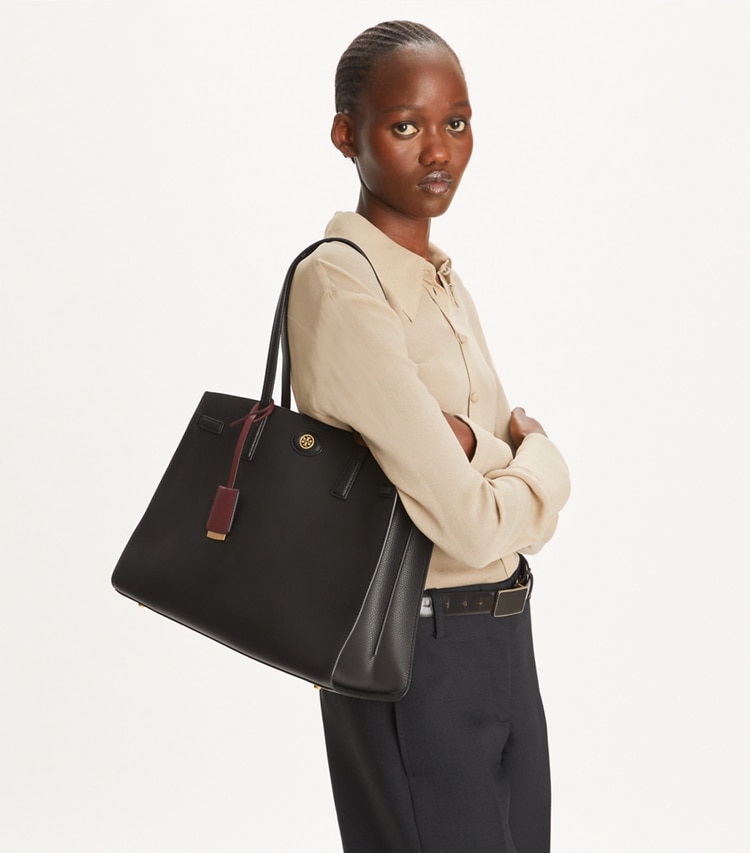 Tory Burch designer satchels Robinson Satchel in Black accessory on model