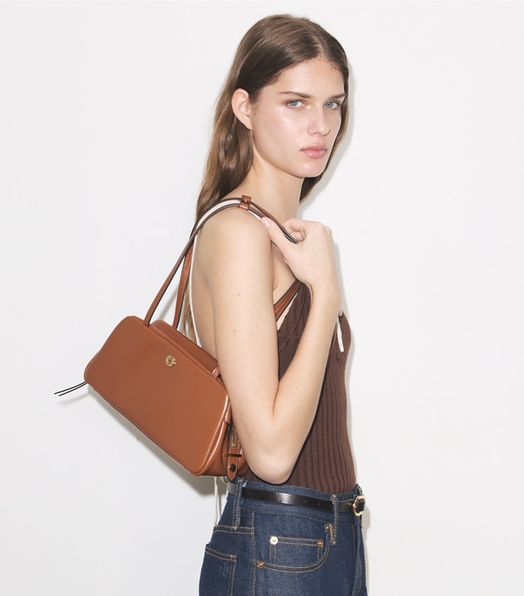 Tory Burch designer satchels Robinson Satchel in Aged Tan accessory on model